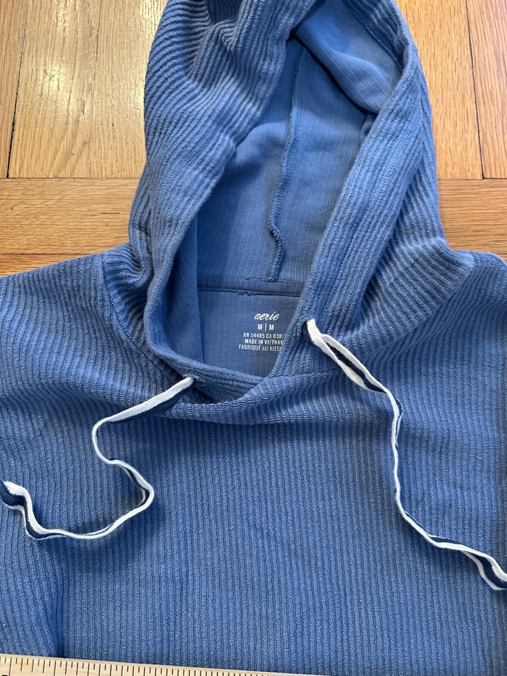 aerie Ribbed Blue Ribbed Hoodie with White Drawstrings